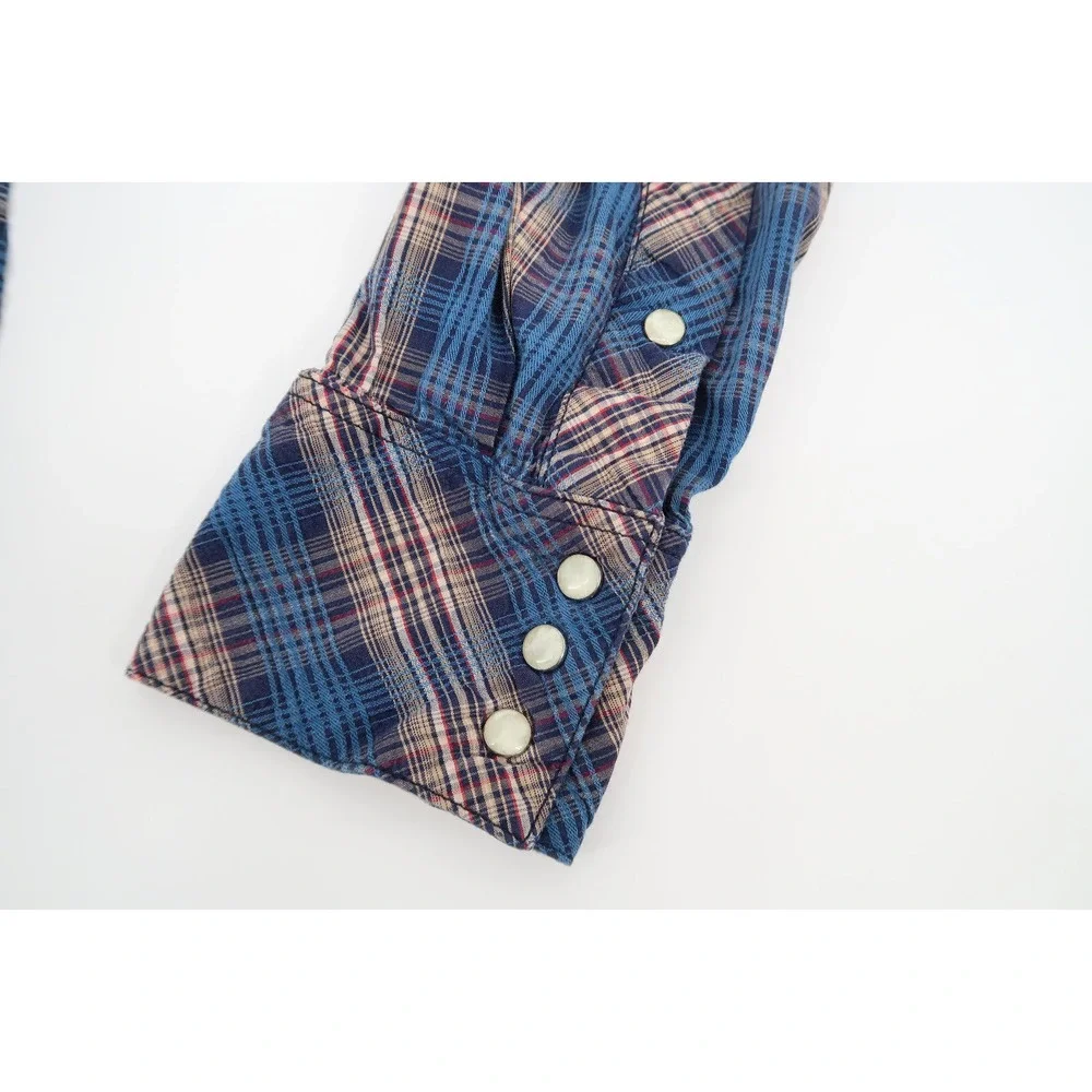 True Religion Men's‎ XL Western Pearl Snap Button Blue Plaid Long Sleeve Shirt